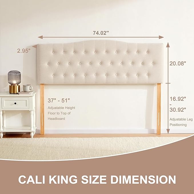 Tufted Upholstered Headboard California King, Sturdy and Durable Solid Wood Bed headboard, Fabric Headboard Adjustable Height from 37” to 51”, Button Diamond Design Head Board, Beige