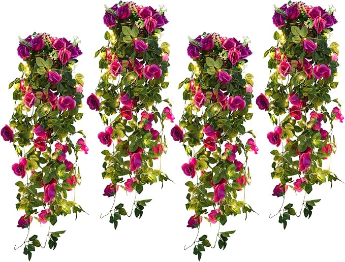 RECUTMS Artificial Hanging Rose Flower Plants Outdoor with 30 LED Fairy String Lights Fake Flowers for House Garden Patio Front Porch Indoor Decor (Purple)