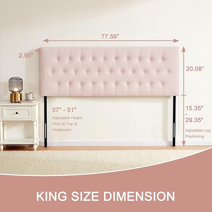 Tufted Upholstered Headboard King Size, Solid Wood Head Board with Durable Metal Legs, Adjustable Height Bed headboard from 37” to 51” Fabric Headboard in Modern Button Design, Pink