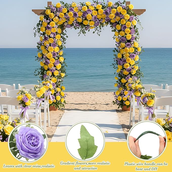 Geosar 16 Bundles Artificial Peonies Flowers Fake Silk Peony Bouquet Faux Peonies Flowers Bulk for Decoration Vase Floral Arrangements Wedding Party Table (Purple,Yellow)