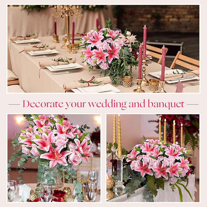 Hotop 20 Pcs Artificial Flowers Velvet Realistic Roses and Latex Lilies Flowers Bouquet Decorations Arrangements for Home Table Centerpieces Independence Day(Pink)