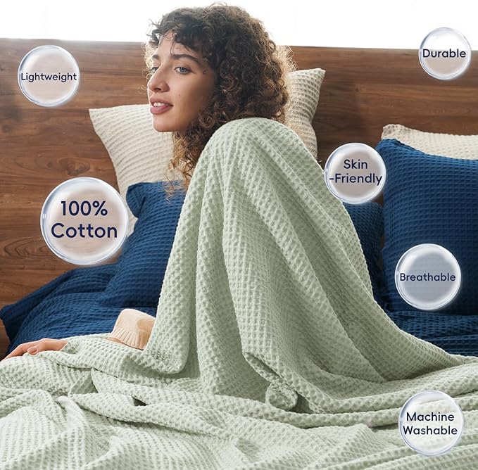 PHF Pre-Washed Cotton Waffle Weave Blanket Throw Size for Couch Bed,Snag Proof Spring Summer,Lightweight Breathable,Oeko-TEX Certified,Machine Washable, Home Decor Gift，Sage Green