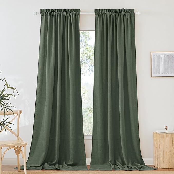 RYB HOME Green Linen Sheer Curtains 102 inches Long, Thick Heavy Textured Rod Pocket Machine Washable Privacy Assured for Living Room Bedroom, W 52 x L 102 inches, Hunter Green, 2 Panels