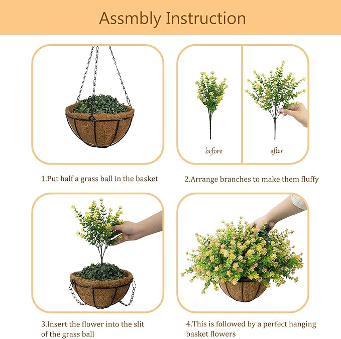 Artificial Hanging Flowers Basket for Outdoor, 16 Fake Flowers Look Real UV Resistant, Faux Hanging Plants for Porch, Balcony, Patio, Garden, Spring Summer Decor,Yellow