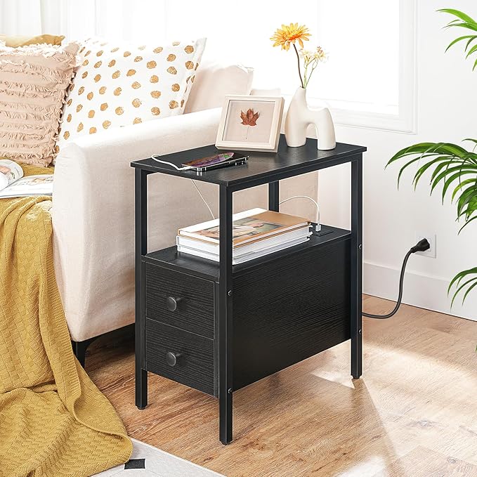 HOOBRO Set of 2 End Tables with Charging Station, Narrow Side Table with Drawers & USB Port & Power Outlets, Nightstand for Small Spaces, Living Room, Stable and Sturdy, Black BK541BZP201