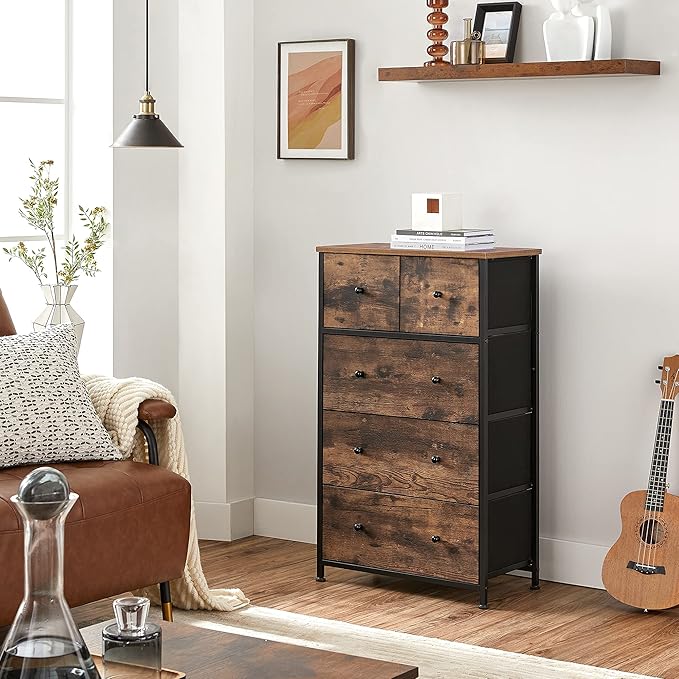 SONGMICS Drawer Dresser, Storage Dresser Tower with 5 Fabric Drawers, Wooden Front and Top, Industrial Style Dresser Unit, for Living Room, Hallway, Nursery, Brown and Black ULGS45H
