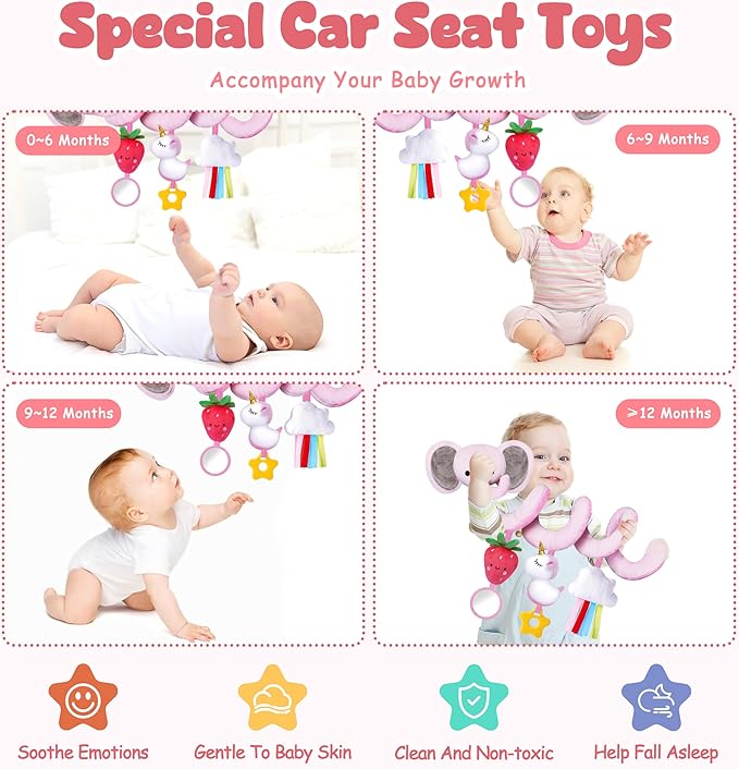 Stuffed Spiral Car Seat Toys for Baby Girls 0-6 Months, Perfect Newborn Gifts for Girls Essentials, Cute Pink Elephant Plush Items