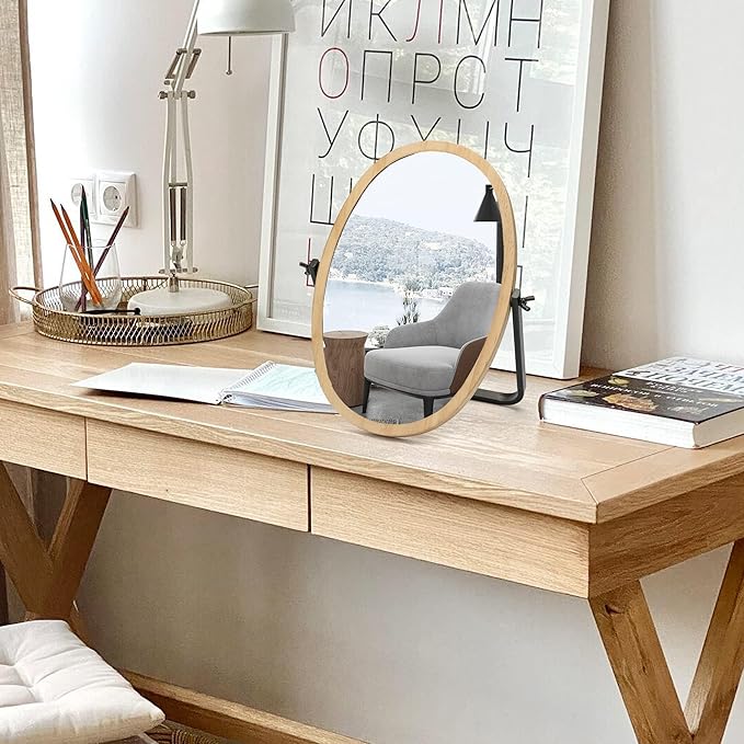 Vanity Makeup Table Mirror - Desk Mirrors 360 Adjustable Rotation,Wood Framed Small Standing Mirror for Bedroom,Tabletop,Office,Antique,Dresser,Countertop 11.8'' x 7.8''
