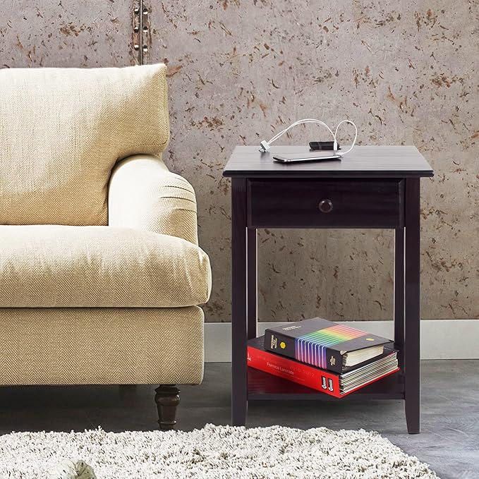 Casual Home Owl Night Stand with USB Port Charging Station and Drawer, 17.5"W x 14.25"D x 24.5"H, Espresso