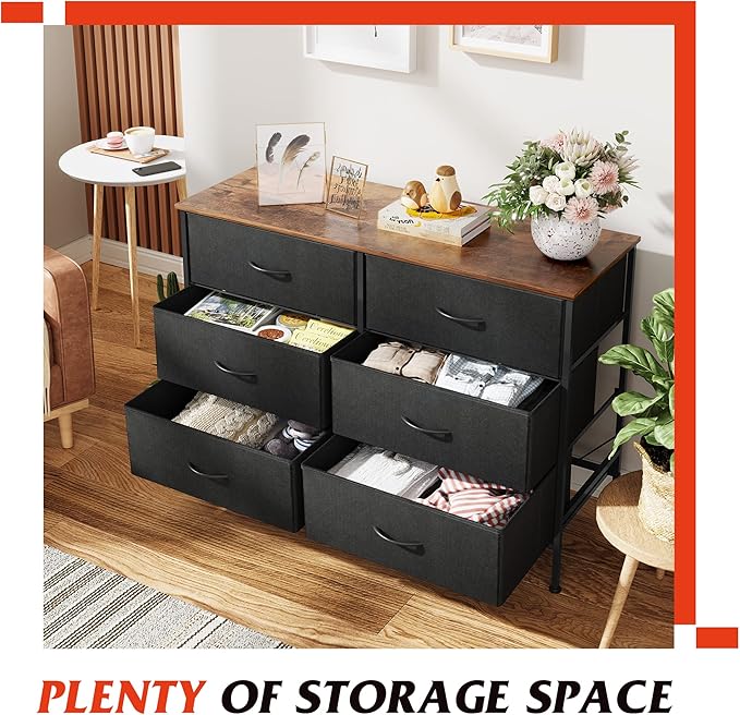 WLIVE Wide Dresser with 6 Drawers, TV Stand for 50 Inches TV, Entertainment Center with Metal Frame, Wooden Top, Fabric Storage Dresser for Bedroom, Hallway, Entryway, Black and Rustic Brown
