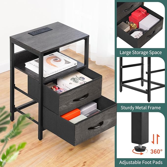Yoobure Nightstand with Charging Station, Small Night Stand with Fabric Drawers and Storage Shelf for Bedrooms, Nightstands for Small Spaces, Bedside Table with USB Ports & Outlets, Bed Side Table