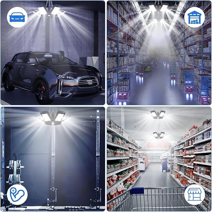 LED Garage Lights 4 Pack -180W, 18000LM 6500K Led Shop Light with 6+1 Deformable Panels, Basement Barn Light Garage Ceiling Lights, E26/E27 for Garage, Warehouse, Shop, Basement