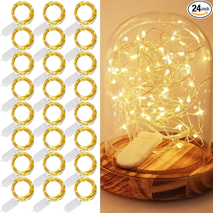 WATERGLIDE 24 Pack Fairy Lights Battery Operated (Included), 7 ft 20 LED Mini String Lights, Waterproof Silver Wire Firefly Starry Lights for DIY Wedding Christmas Party Mason Jars Decor, Warm White