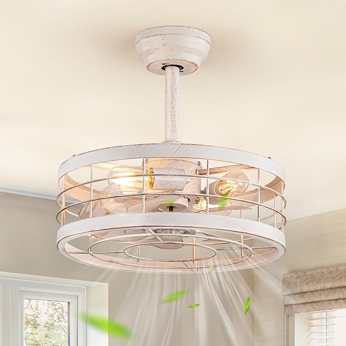 LEDIARY 16.5in Caged Ceiling Fan with Light, Fandelier Industrial Ceiling Fan with Remote, Rustic Metal Fan Lights Ceiling Fixtures for Kitchen, Farmhouse, Bedroom（6 Speed, Timing）-White and Gold