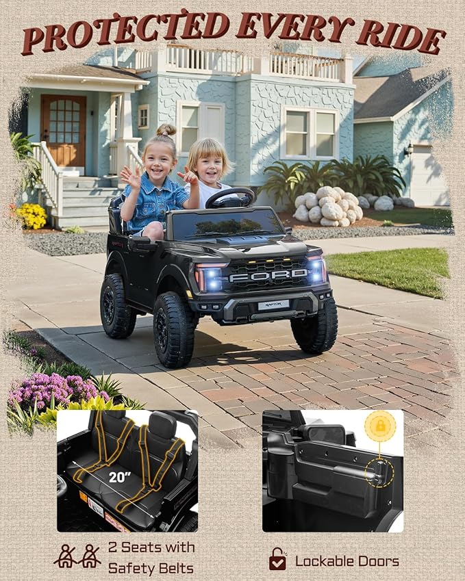 24V Ride on Toys for Big Kids, Licensed Ford F-150 Raptor 2 Seater Kids Ride on Car w/Remote Control, Toddler Electric Car w/LED Lights, Bluetooth, Truck Bed Storage, Soft Start (Black)