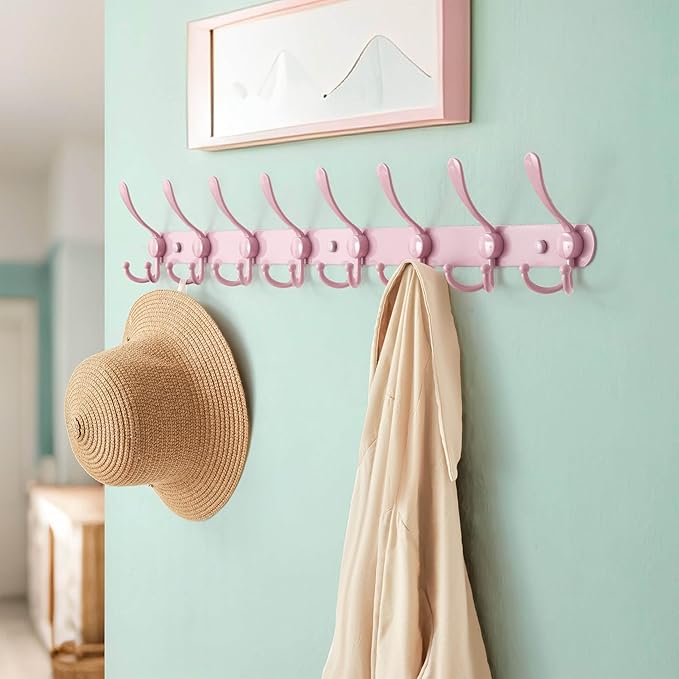 Dseap Coat Rack Wall Mount - 29.5” Long 8-Tri-Hooks Heavy Duty Coat Hanger Rail Wall Hooks for Hanging Coats Hats Clothing Clothes Purse Mudroom Entryway, Pink