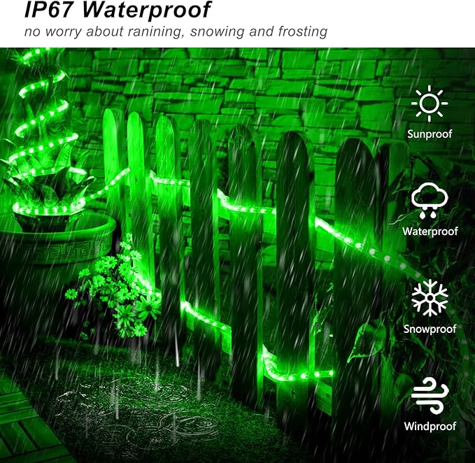 JMEXSUSS 2 Pack Green Christmas Lights Battery Operated Rope Lights Outdoor Waterproof, Each 33 ft 100 LED Battery Powered String Lights with Remote, Green Lights for Tree Garden Christmas Decor