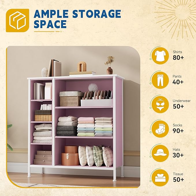 DWVO Dresser for Bedroom, 7 Drawers Fabric Dresser, Organizer Unit for Living Room, Hallway, Closets - Sturdy Steel Frame, Wooden Top & Easy Pull Fabric Bins, Pink