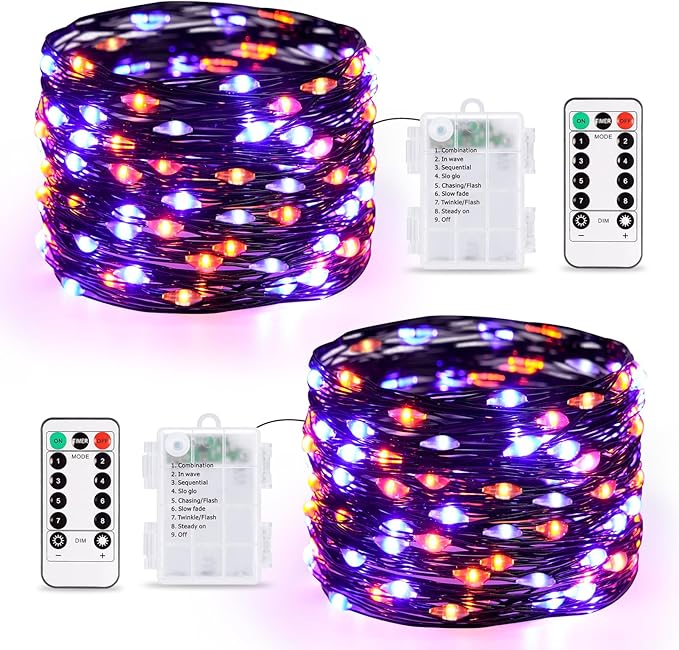 JMEXSUSS 2 Pack Orange and Purple Halloween Lights Battery Operated, Total 200 LED 66ft Halloween Fairy Lights with Remote, 8 Modes Twinkle String Lights for Fireplace Porch Tree Centerpiece Wreath