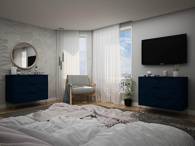 Manhattan Comfort Rockefeller 3 Drawer Dresser for Bedroom Storage, Nursery, Closet, Living Room, Entryway, TV Stand for Screens up to 32 Inches, Anti-Tip Kit Included, Set of 2, Midnight Blue