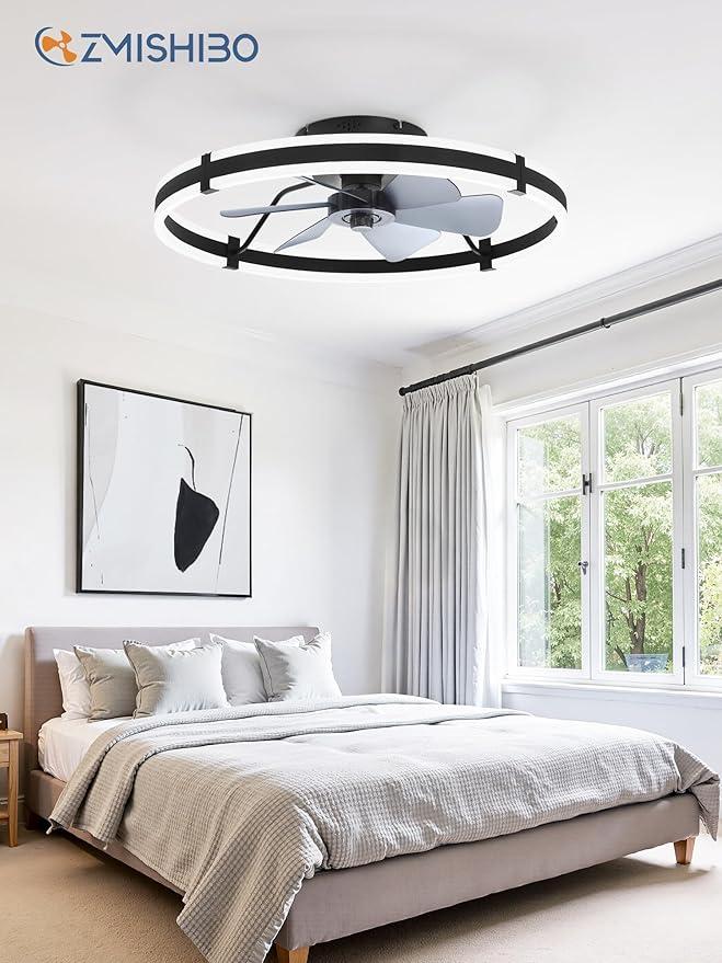 ZMISHIBO 24 Inch Ceiling Fans with Lights and Remote, Modern Low Profile Ceiling Fan, 3000-6000K Dimmable Flush Mount LED Fan Light, 6 Wind Speeds, Fandelier Ceiling Fans for Bedroom- Black