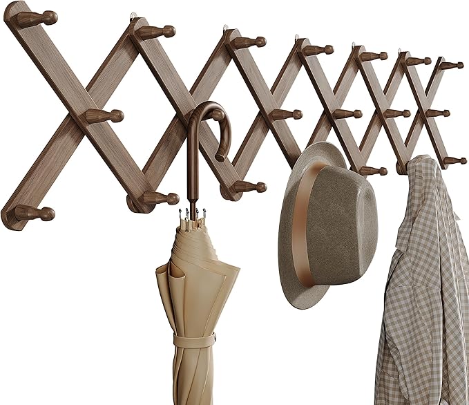 OROPY Wood Accordion Wall Hanger, Expandable Coat Rack Wall Mount with 20 Pegs, Expanding Hat Rack for Wall Walnut Color