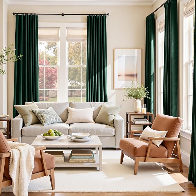 Lazzzy Velvet Blackout Curtains Thermal Insulated Room Window Drapes Super Soft Luxury Curtains for Living Room Bedroom Rod Pocket 2 Panels, Emerald Green, 52" W x 84" L