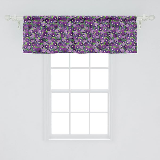 Ambesonne Botanical Window Valance, Green Field Full of Burgeoning Pansy Inflorescence Garden Flourish Bedding Plants, Curtain Valance for Kitchen Bedroom Decor with Rod Pocket, 54" X 18", Purple