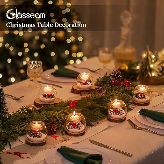 Glasseam Christmas Votive Candle Holders: Glass Tealight Candle Holder Set of 6 with Red Berry and Snow Pinecone Decorative Candle Holders for Table Centerpiece Party Christmas Decor Advent Gifts