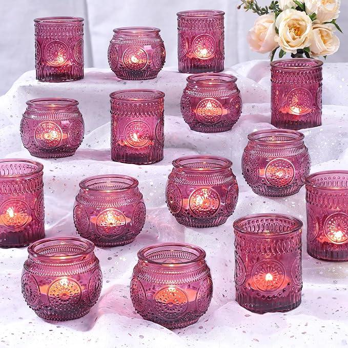 DARJEN 48Pcs Pueple Votive Candle Holders - Vintage Tea Lights Candle Holders, Glass Votives for Party, Wedding Table Centerpieces, Baby Shower Decor & Gift