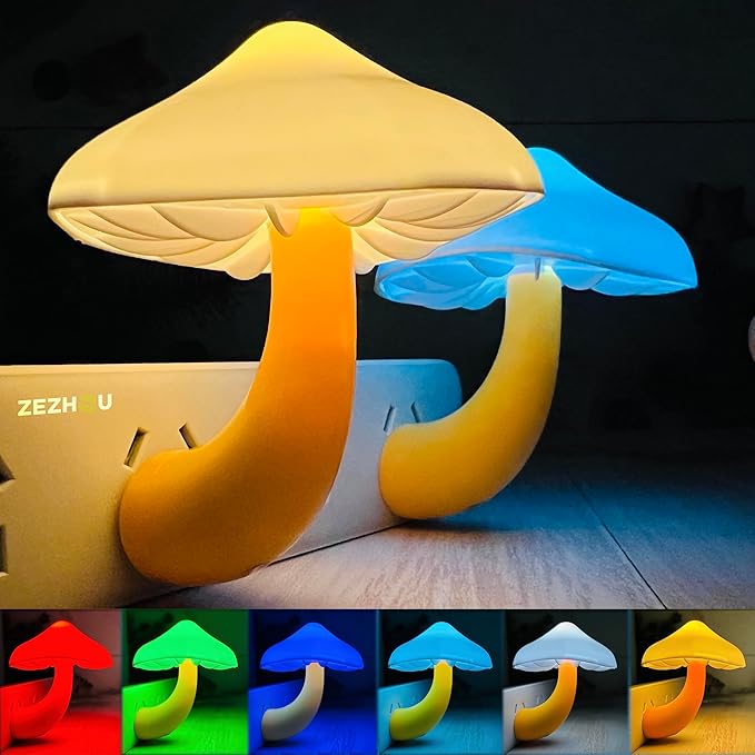 Night Lights Plug into Wall - 2-Pack Sensor LED Mushroom Light, Magic 7 Color Changing Cute Dream Bed Mushroom Lamp for Kids Adults Living Room Bedroom Kitchen, Bathroom Toilet, Stair Hallway Corridor