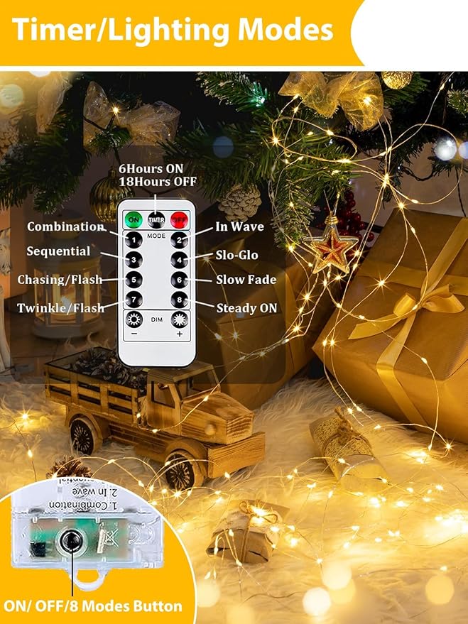 8 Pack Christmas Fairy Lights Battery Operated with Remote, Each 20FT 60LED Waterproof Twinkle Lights with Timer, String Light Indoor & Outdoor for Bedroom Wedding Christmas Decoration(Warm White)