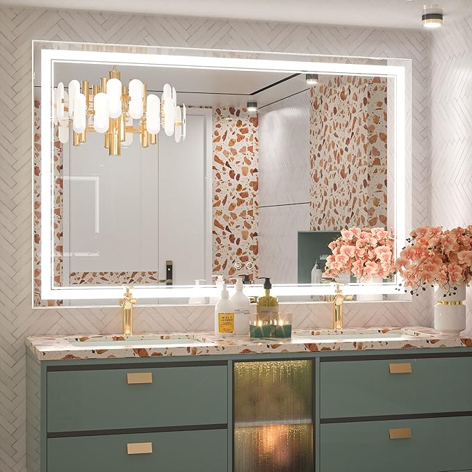 Keonjinn 55 x 36 Inch Bathroom LED Mirror, Oversized Lighted Bathroom Mirror, UL Listed LED Driver, HD Tempered Glass, Easy Installation, Anti-Fog, Memory Dimmable 6000K, CRI 90+(Horizontal/Vertical)