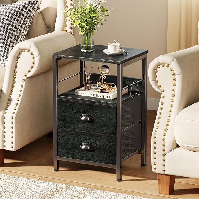 Furologee Nightstands Set 2, Night Stand with 2 Fabric Drawers, Bedside Tables with Open Shelf, Wooden Top, Hooks, Backboard Design, Metal Frame, End Tables for Bedroom/Living Room/Study/Black Oak