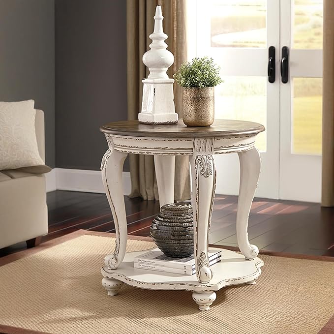 Signature Design by Ashley Realyn French Country Round End Table Two-Tone Accent Table – Chipped White