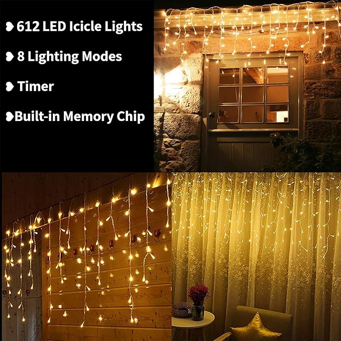 Toodour Christmas Icicle Lights Outdoor, 612 LED 50ft 8 Modes Fairy Icicle String Light with 102 Drops, Led Christmas Lights Twinkle for Holiday, Party, Wedding, Eaves, Xmas Decorations (Warm White)