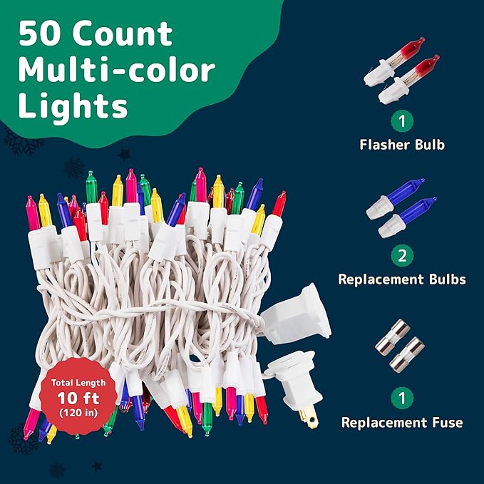 PREXTEX 50 Ct. Multi-Color Christmas Tree Lights with White Wire - 10 Ft Holiday String Lights for Indoor and Outdoor Use - Multicolor Twinkle Christmas Tree Decoration with End-to-End Connectors