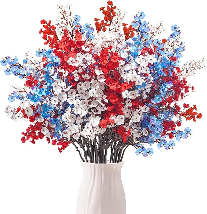 Uieke 6Pcs 4th of July Artificial Flowers Fake Patriotic Babys Breath Flowers for Independence Day Decor Blue White Red Silk Flowers for Memorial Day Floral Arrangement Home