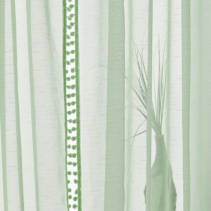 Treatmentex Sage Green Sheer Curtains for Kids-Room 63 inches Slub Textured Pom Pom Window Drapes for Bedroom Sage 52" W x 2 Panels Rod Pocket