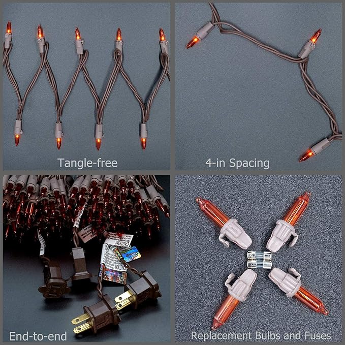 YULETIME Orange Christmas Lights with Brown Wire, 66 Feet 200 Count UL Certified String Lights, Pack of 2 Sets 33 Ft 100 Count Amber Incandescent Mini Light Set (Orange)