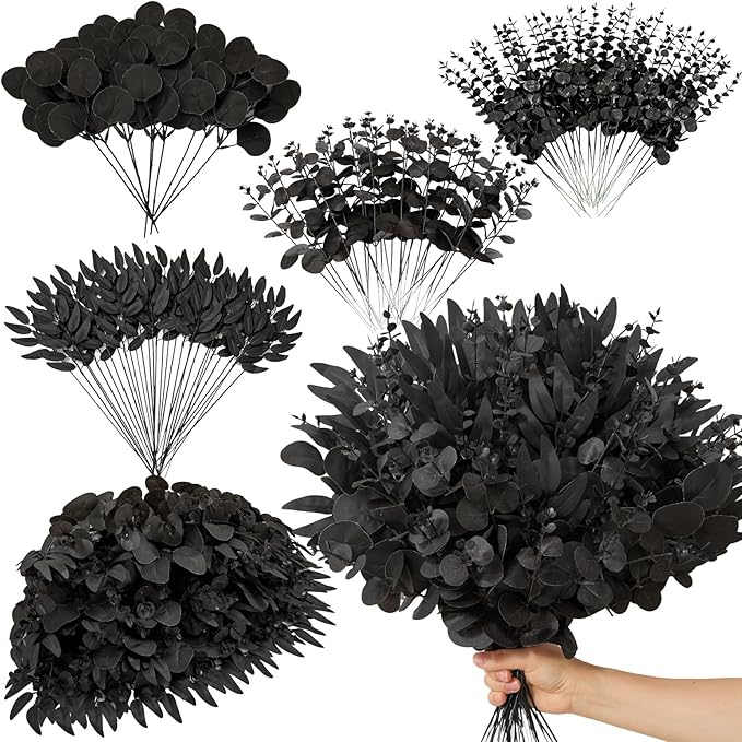 Serwalin 100pcs Artificial Mixed Eucalyptus Stems Leaves Bulk, 4 Kinds Fake Black Grennery Silver Dollar Eucalyptus Stems Picks,Faux Black Leaves Sprays for DIY Bouquets Floral Arrangement Home Decor