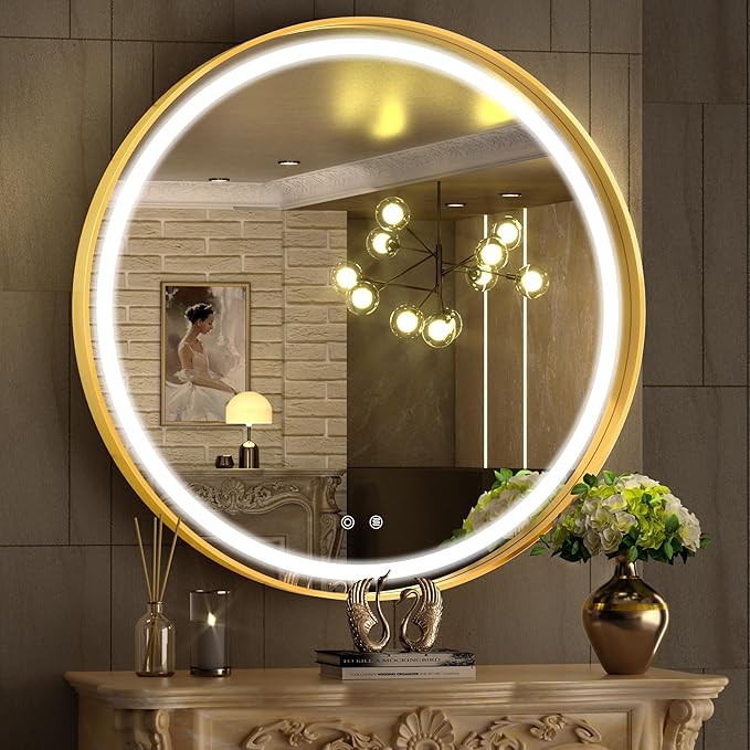 Hasipu 32 Inch Round LED Lighted Mirror for Bathroom with Lights, Gold Circle Vanity Mirror for Wall, Metal Framed Frontlit Bathroom Mirrors Anti-Fog, Dimmable, 3 Colors Makeup Mirror Wall Mounted