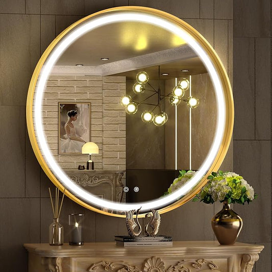 Hasipu 32 Inch Round LED Lighted Mirror for Bathroom with Lights, Gold Circle Vanity Mirror for Wall, Metal Framed Frontlit Bathroom Mirrors Anti-Fog, Dimmable, 3 Colors Makeup Mirror Wall Mounted