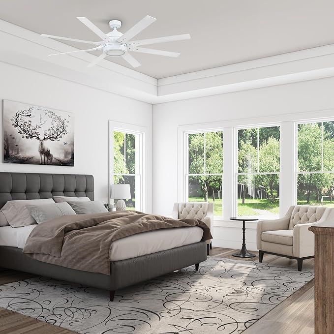 Honeywell Ceiling Fans Xerxes Modern 62 Inch Ceiling Fan with Light, Remote Control Fan, LED Indoor Fan with 8 Blades, White and Gray Wash Blade Finish Options, White (51628-01)
