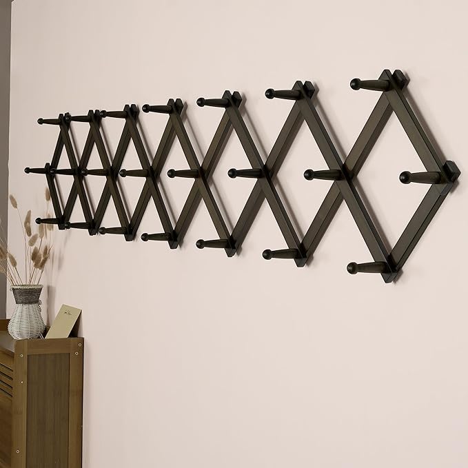 SKOLOO Accordion Wall Hanger with 22 Hooks, Modern Expandable Coat Rack Hat Rack for Wall, Solid Wooden, Dark Walnut Color