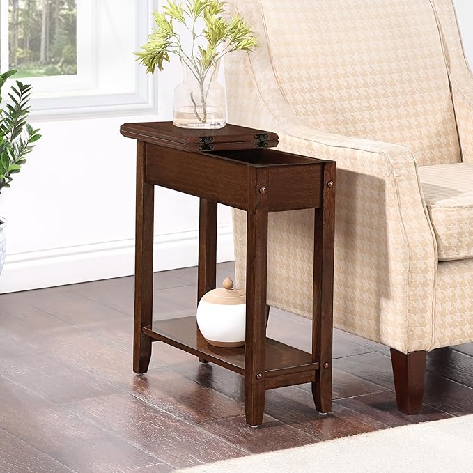 Convenience Concepts American Heritage Flip Top End Table 23.25" - Classic Narrow Chairside Accent with Hidden Storage & Lower Shelf for Traditional, Modern Living Room, Espresso