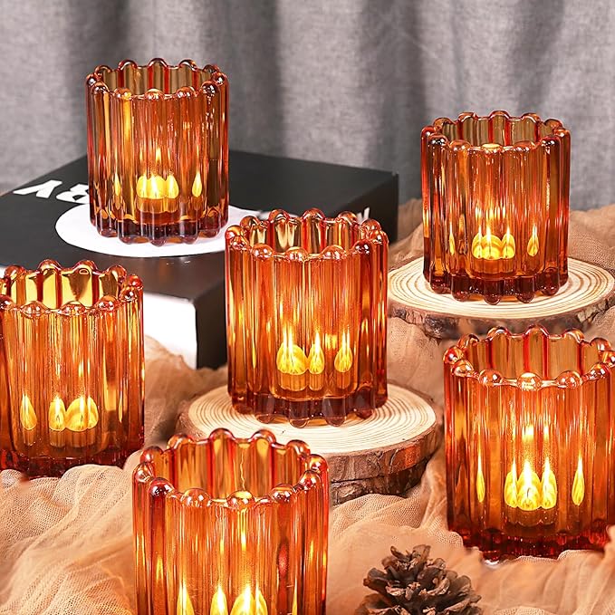 Glass Amber Votive Candle Holder, Ribbed Votive Candle Holders Set of 12, Tealight Candle Holder for Wedding Centerpieces Dinner Party Table Decor