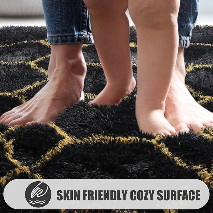 ONASAR 5x7 Area Rugs for Living Room Bedroom, Washable Fluffy Black and Gold Faux Fur Rug, Geometric Boho Soft Plush Shaggy Floor Carpet Mat for Nursery Kids Girls Boys Teen Dorm Home Office Decor