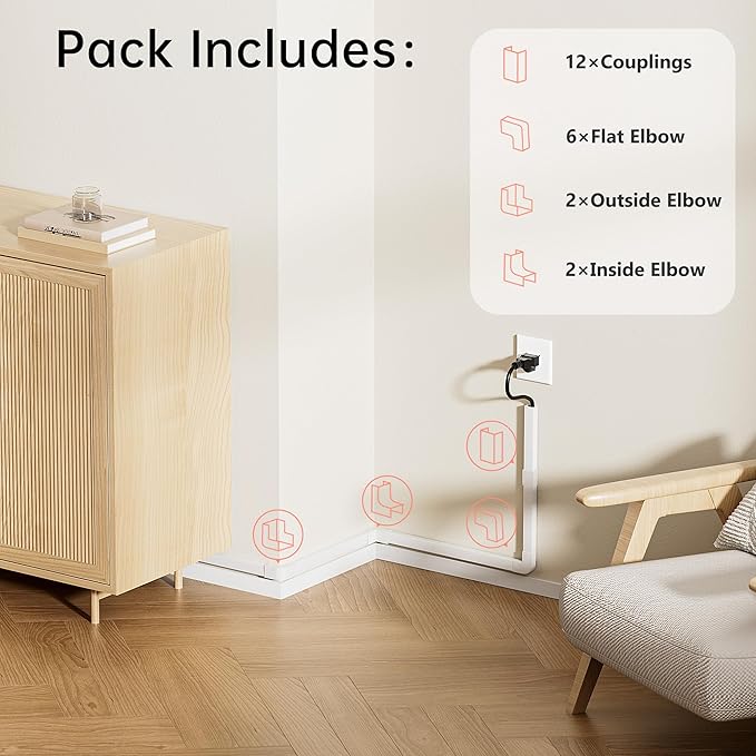 283in Medium Cord Hider, Wire Covers for 2-3 Cords on Wall, Paintable Cable Raceway, Cord Hider Kit, Max for 3 Small Cords for Home and Office, W0.94in H0.55in