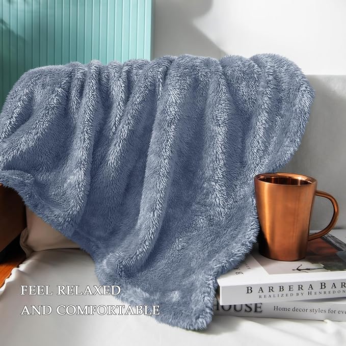 Exclusivo Mezcla Plush Fuzzy Fleece Bed Blanket King Size, Super Soft, Fluffy and Warm Blankets, Suitable for All Seasons (Stone Blue, 90x104 Inches)